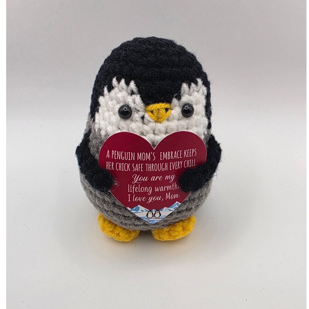 Handmade Crochet Penguin Plush Amigurumi Mothers Gift Heart Card Mom Black NEW